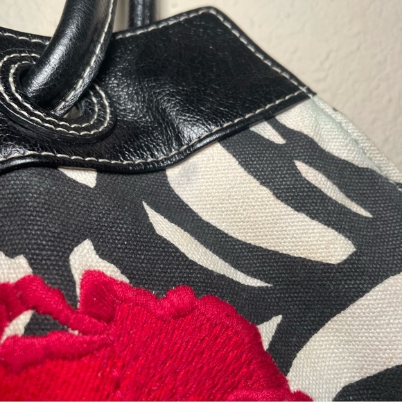 Brighton Zebra Print Canvas Embroidery Floral Shoulder Bag Black Leather Trim - Picture 7 of 11